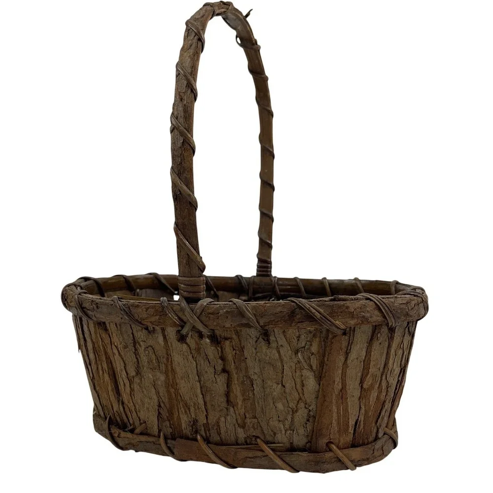 Rustic Natural Tree Bark Gathering Basket with‎ Handle Oval Primitive Wood Decor